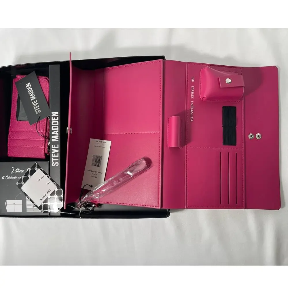 Steve Madden Womens Fuchsia 2 Piece Card Case Travel Pouch Gift Set NEW